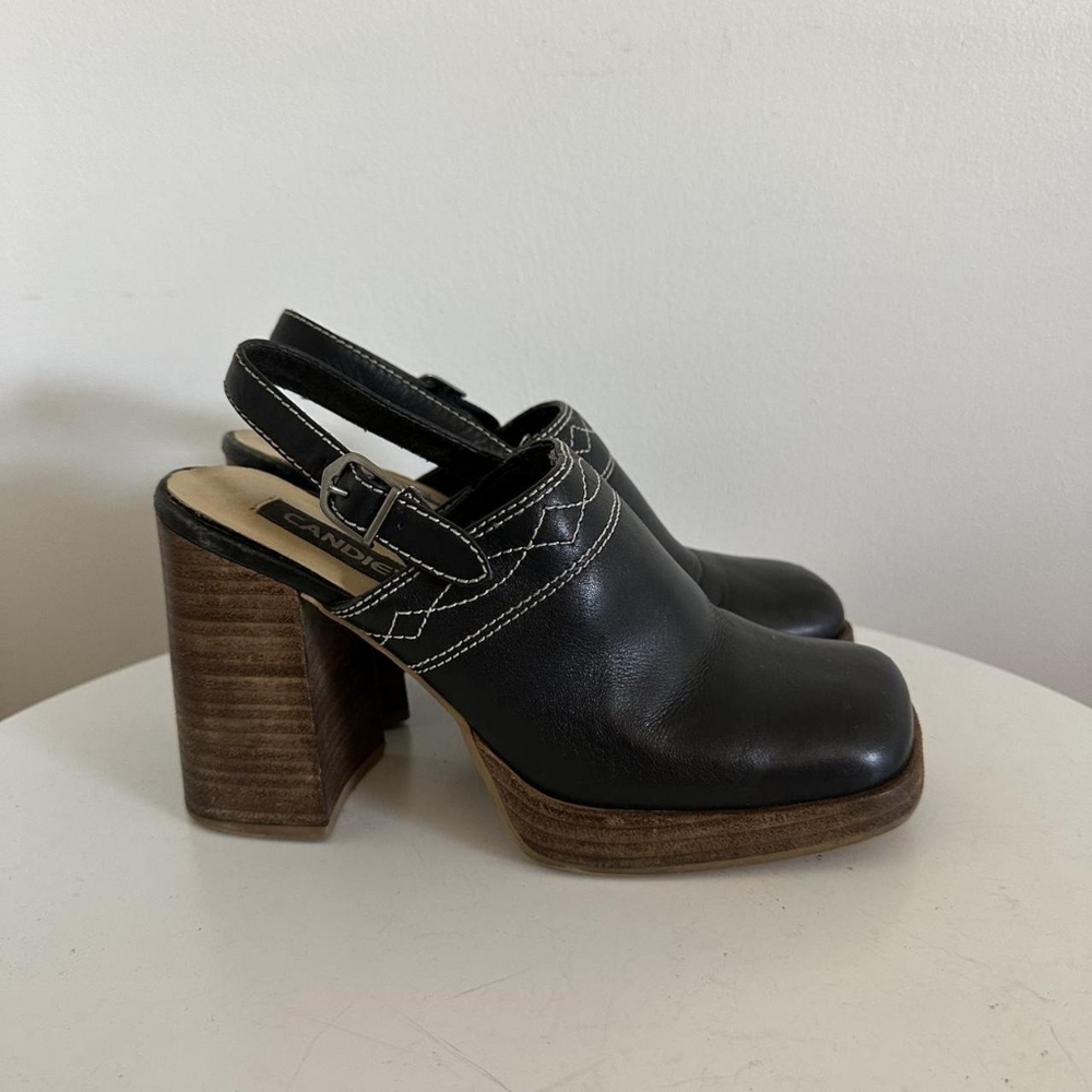 Candie's Black Leather Block Heel Mules